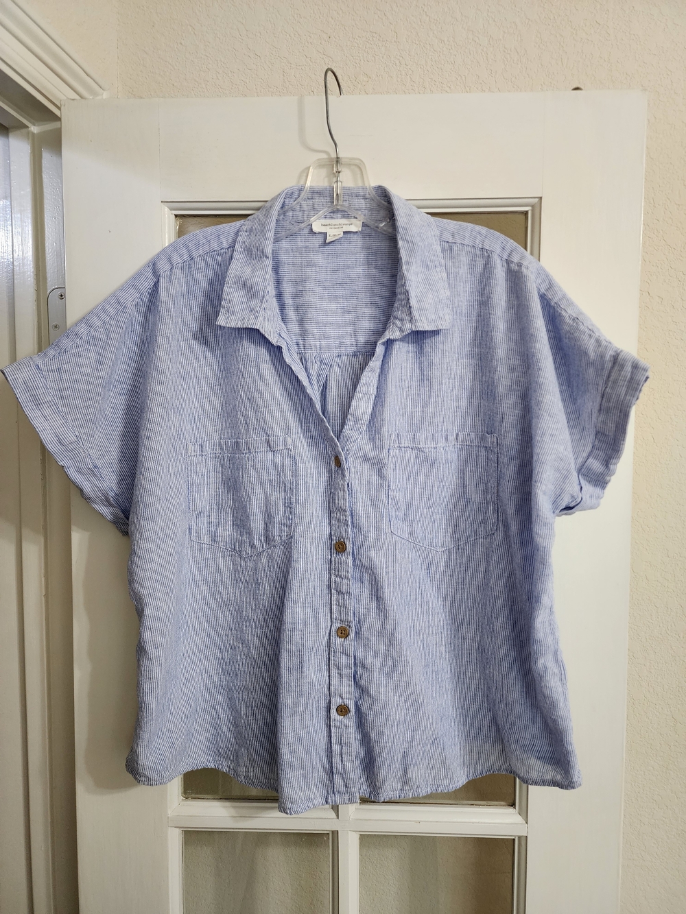BeachLunchLounge XL Blue White Stripe Linen Blend Button Front Camp Shirt